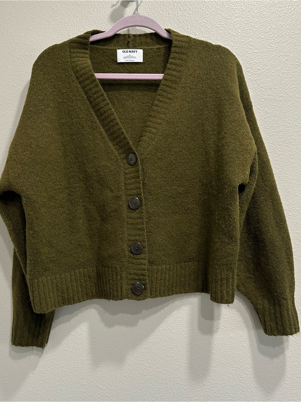 Old Navy Olive Green V-Neck Button Cardigan Sweater,recycled materials,wool blen
